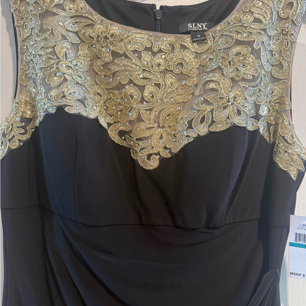 SLNY Black Maxi Dress with Gold Embroidered Yoke - Picture 2 of 3